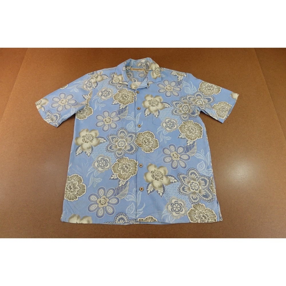 Tommy Bahama Mens Medium Blue Floral Silk Short‎ Sleeve Button Front Camp Shirt